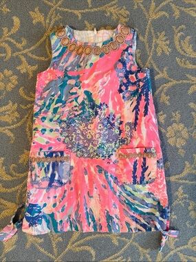 Girls' Multicolor Floral Shift Dress with Embellished Neck